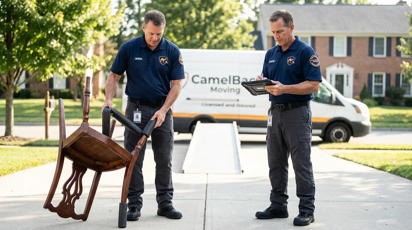 Movers inspecting furniture for damage prevention before loading in Weaverville, CA