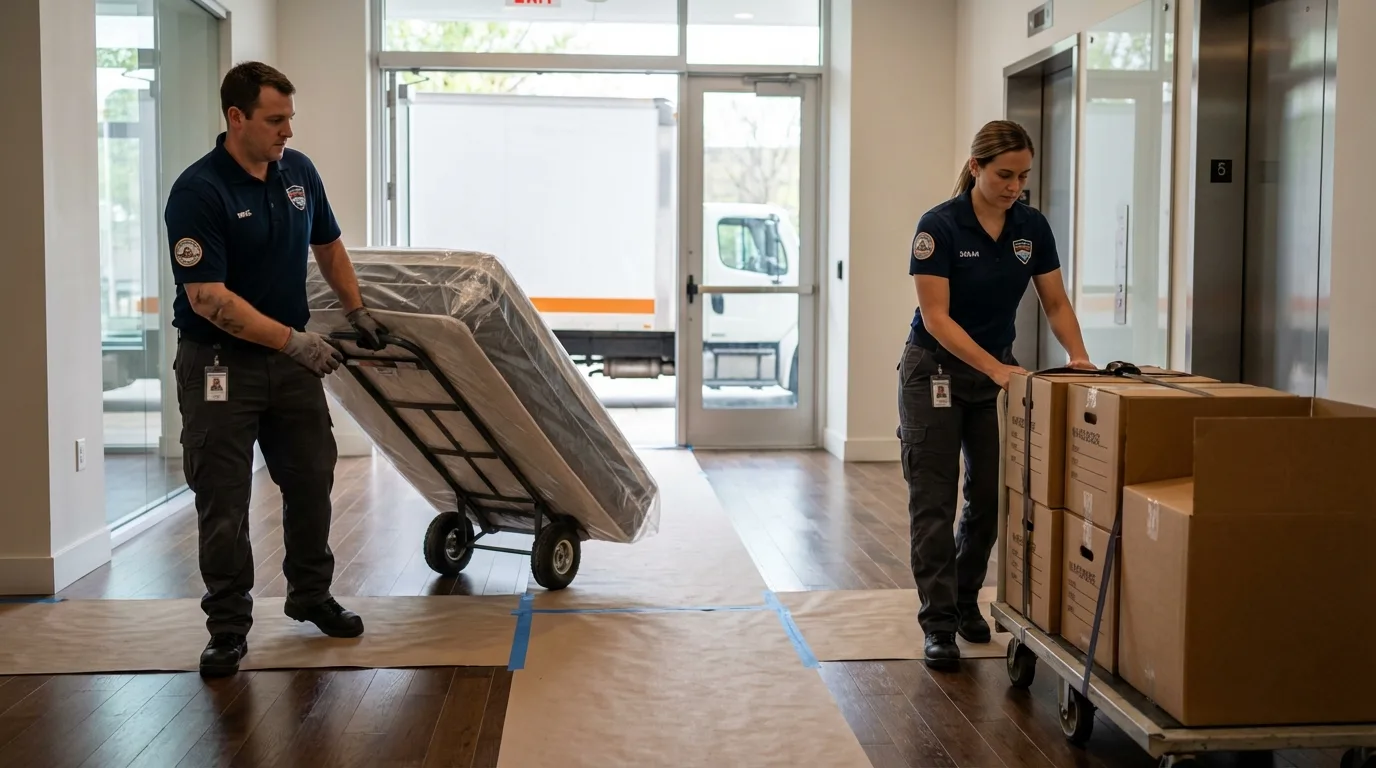 Professional apartment movers loading elevator in Weaverville, CA